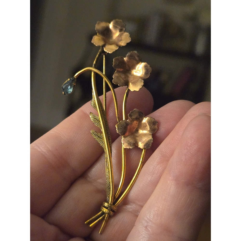 Vintage AMCO 10K Gold Filled Flower Sprig Leaf Brooch Blue Rhinestone Pearl